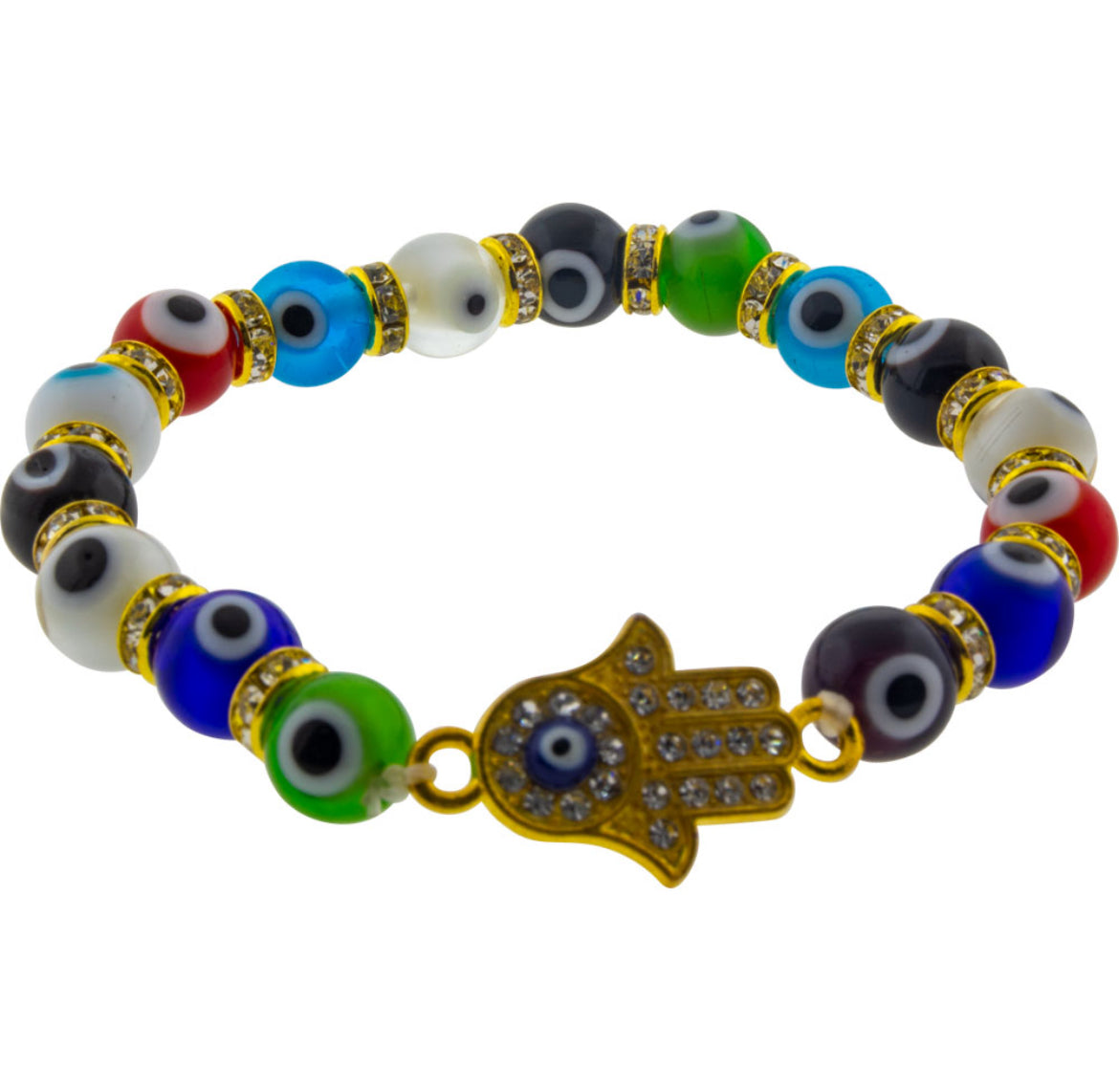 Glass Beads Elastic Bracelet Evil Eye Protection Multi-Colored w/ Fatima Hand