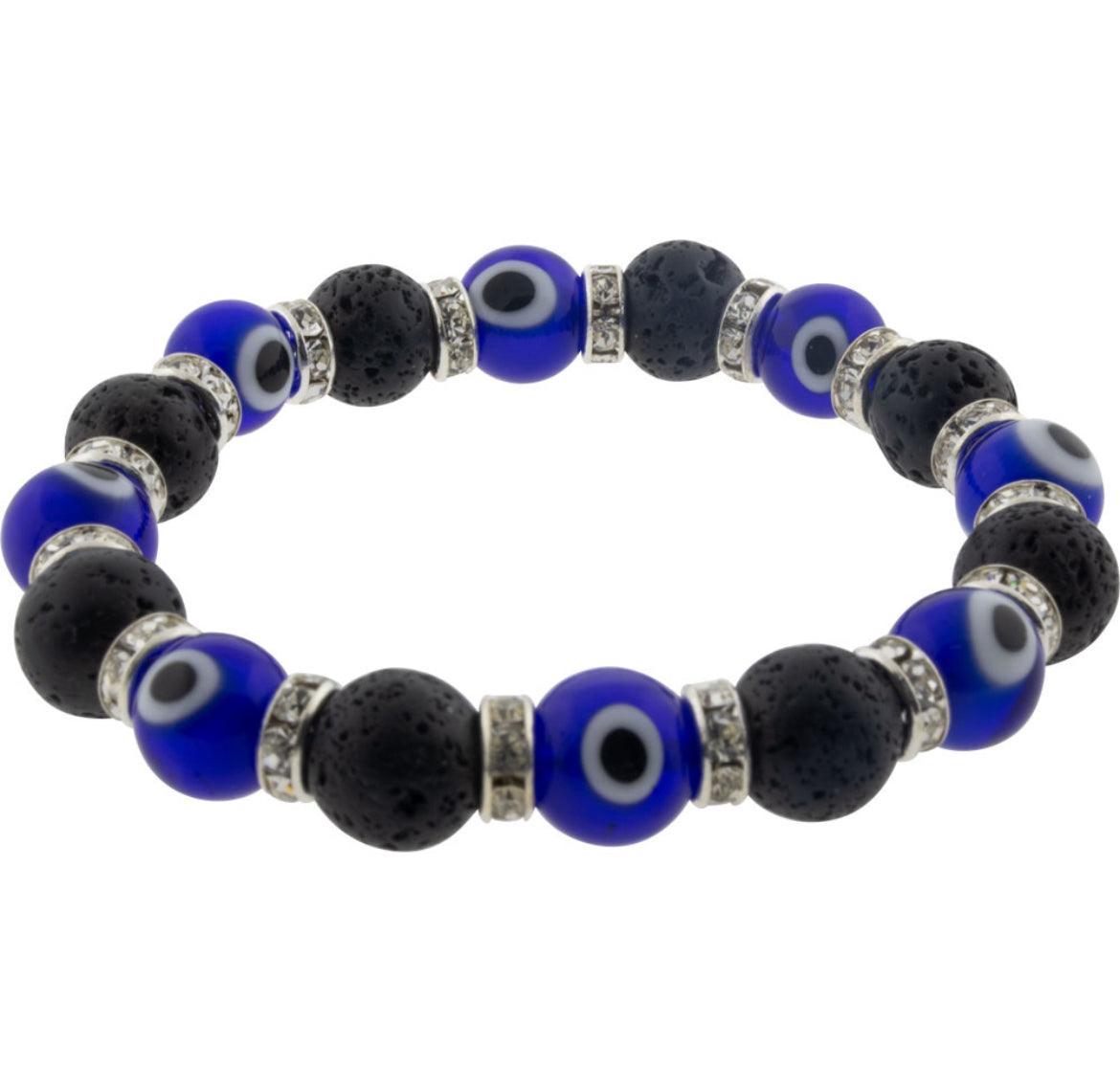 Glass Beads Elastic Bracelet Evil Eye Protection Cobalt Blue w/ Lava